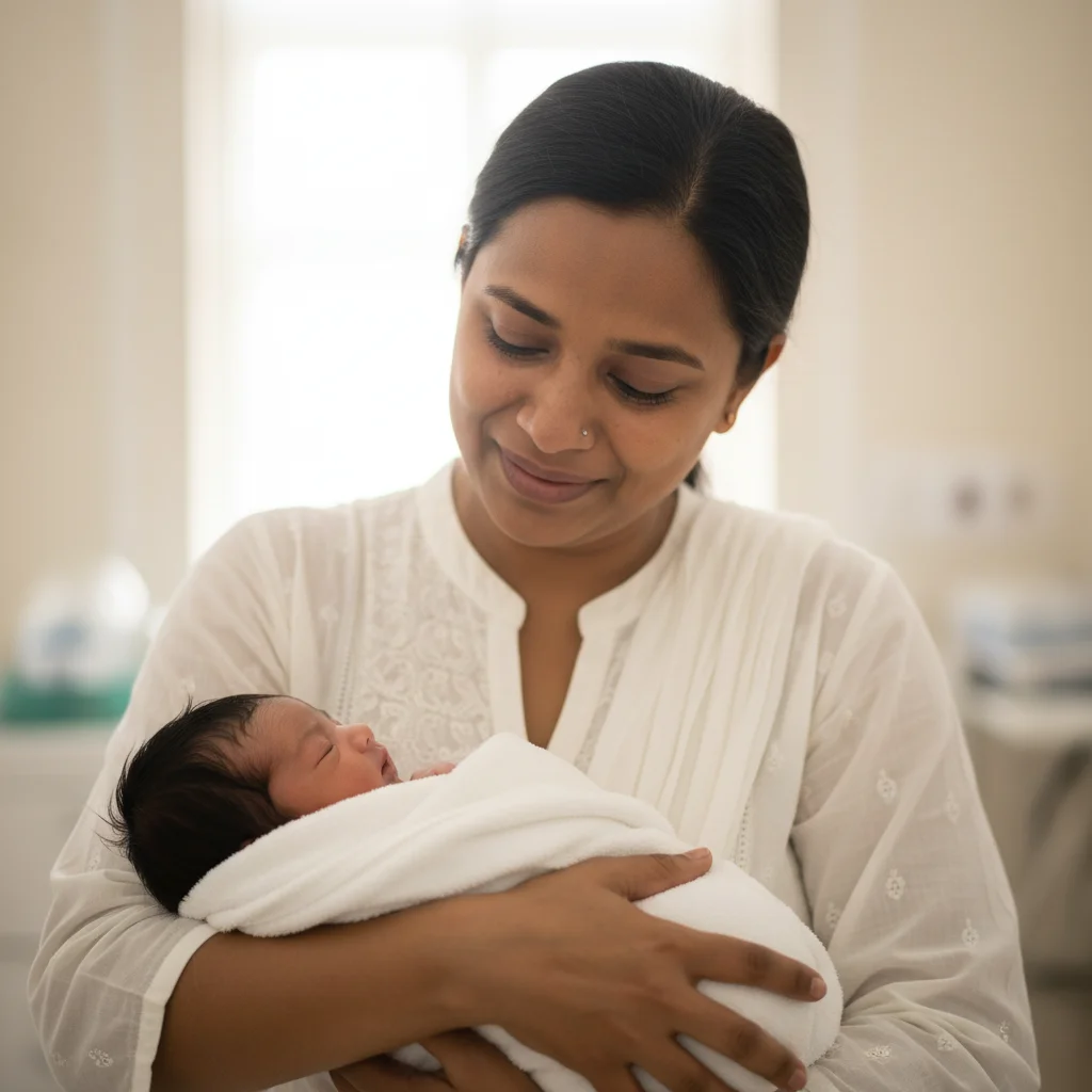 Indian mother holding her newborn baby with love and warmth at Vista Speciality Clinic Bangalore